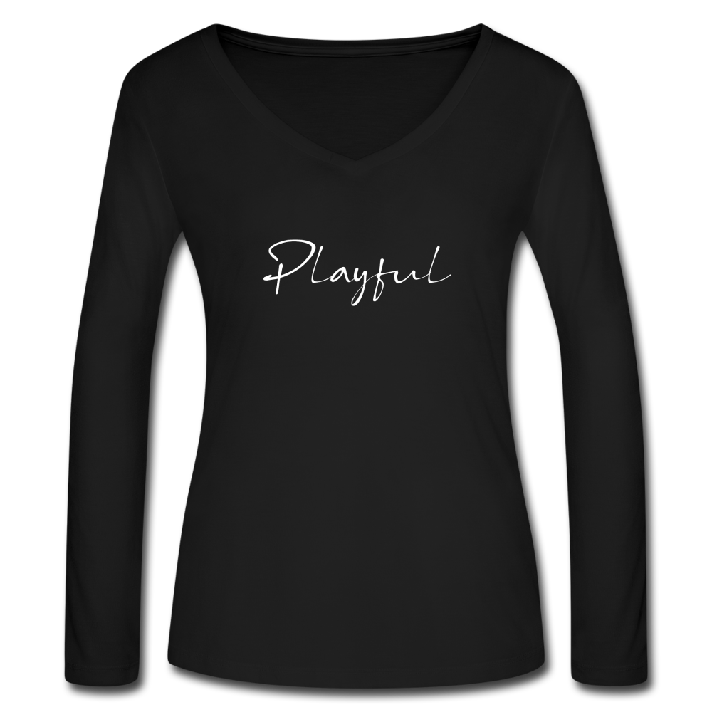 Playful Ladies Long Sleeve V-Neck Flowy Tee - black