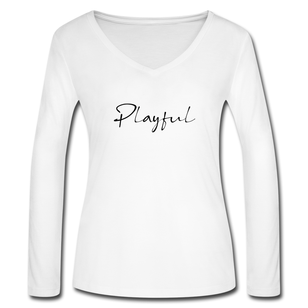 Playful Ladies White Long Sleeve V-Neck Flowy Tee - white