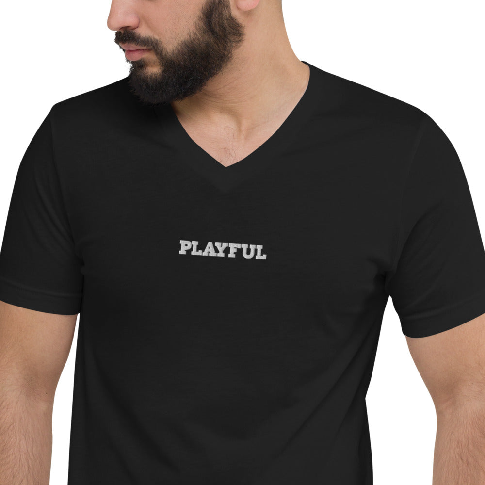 Playful Embroidered (Unisex) Short Sleeve V-Neck T-Shirt