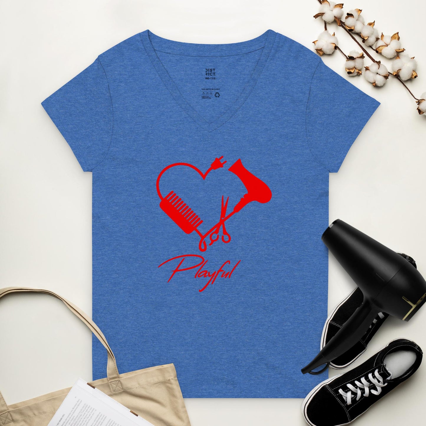 Playful Hairstylist Ladies Recycled V-Neck T-Shirt