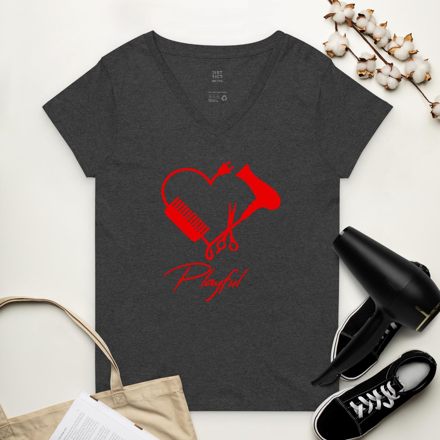Playful Hairstylist Ladies Recycled V-Neck T-Shirt