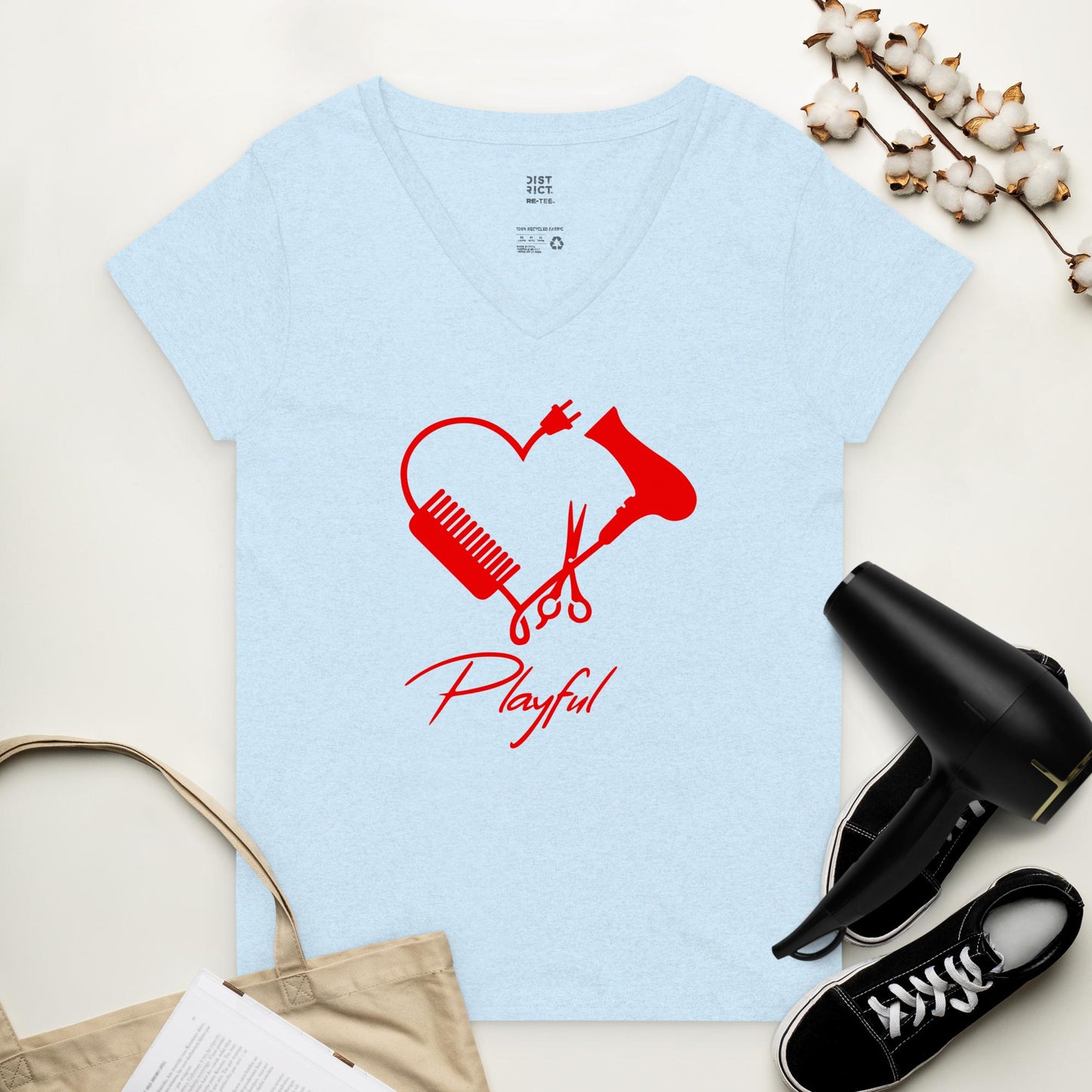 Playful Hairstylist Ladies Recycled V-Neck T-Shirt