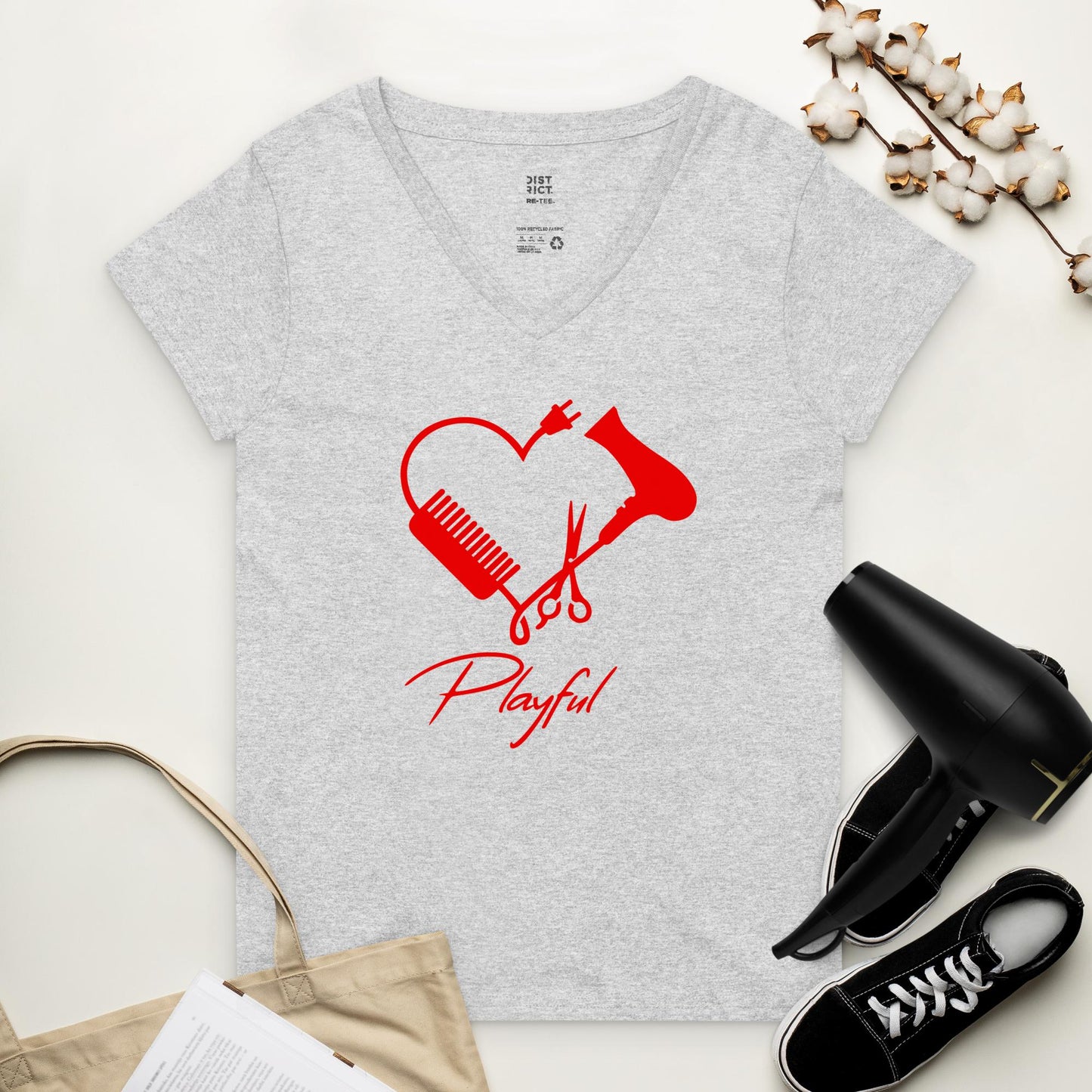Playful Hairstylist Ladies Recycled V-Neck T-Shirt