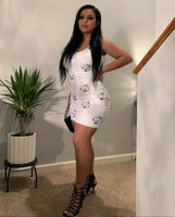 Playful Ladies White All Over Print Logo Fitted Dress