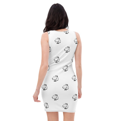 Playful Ladies White All Over Print Logo Fitted Dress