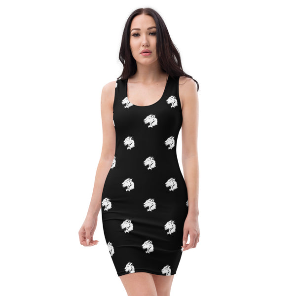 Playful Ladies Black All Over Logo Print Fitted Dress