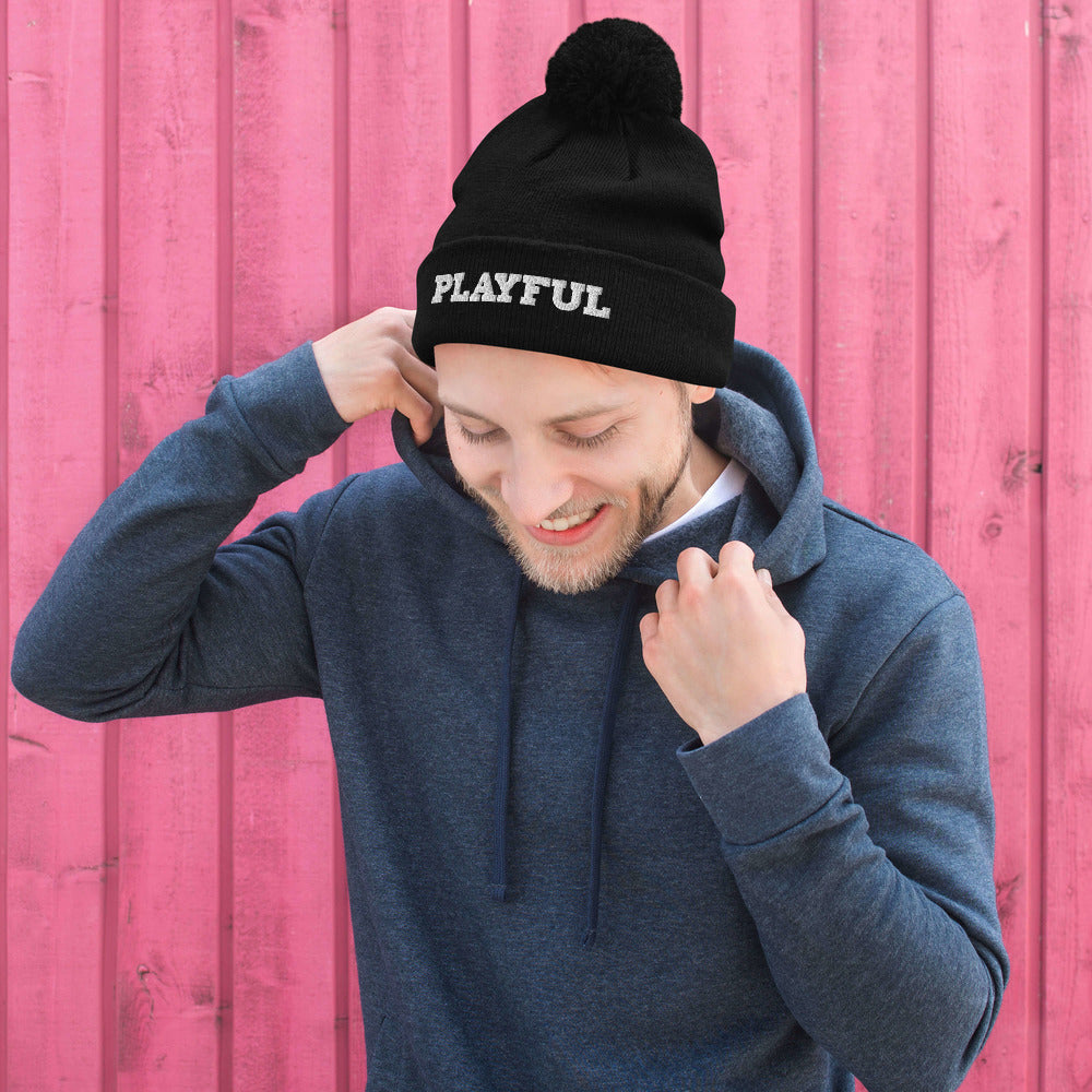 Playful Embroidered Pom-Pom Beanie