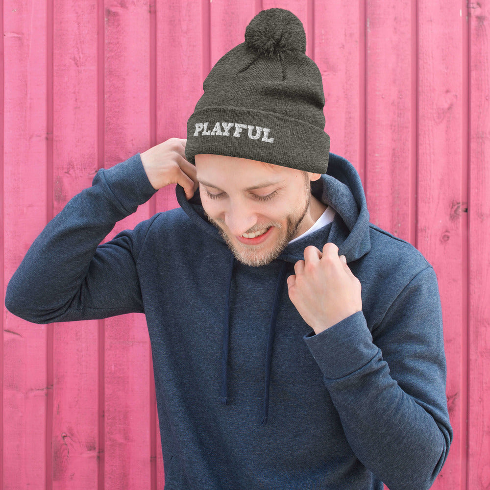 Playful Embroidered Pom-Pom Beanie