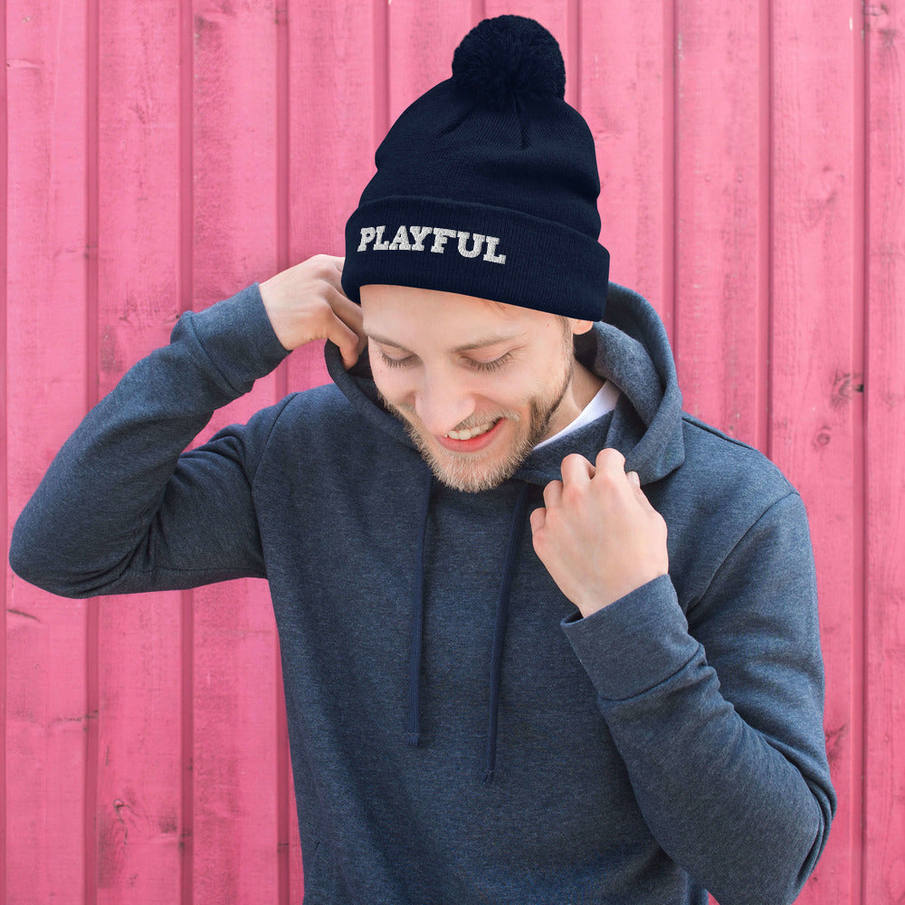 Playful Embroidered Pom-Pom Beanie