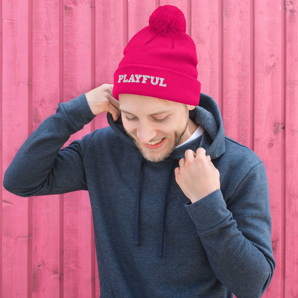 Playful Embroidered Pom-Pom Beanie