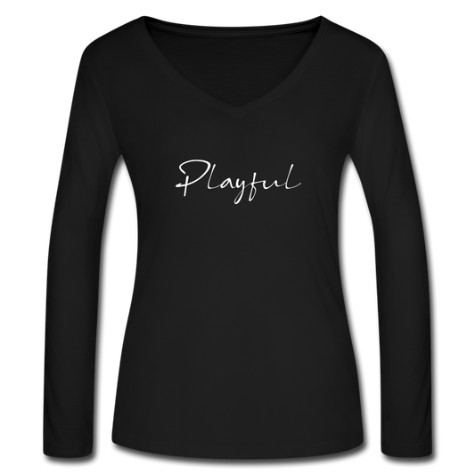 Playful Ladies Long Sleeve  V-Neck Flowy Tee - black