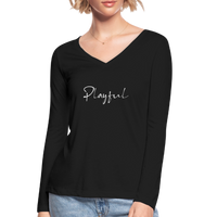 Playful Ladies Long Sleeve  V-Neck Flowy Tee - black