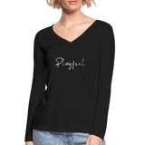 Playful Ladies Long Sleeve  V-Neck Flowy Tee - black