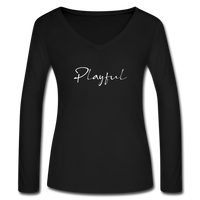 Playful Ladies Long Sleeve  V-Neck Flowy Tee - black