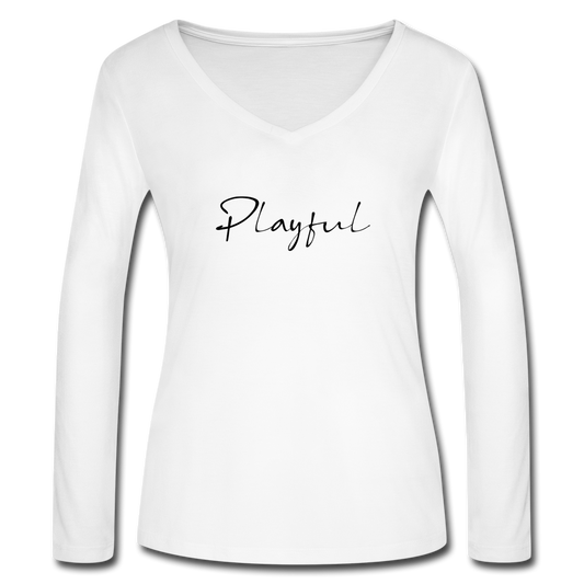 Playful Ladies White Long Sleeve V-Neck Flowy Tee - white