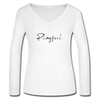 Playful Ladies White Long Sleeve V-Neck Flowy Tee - white