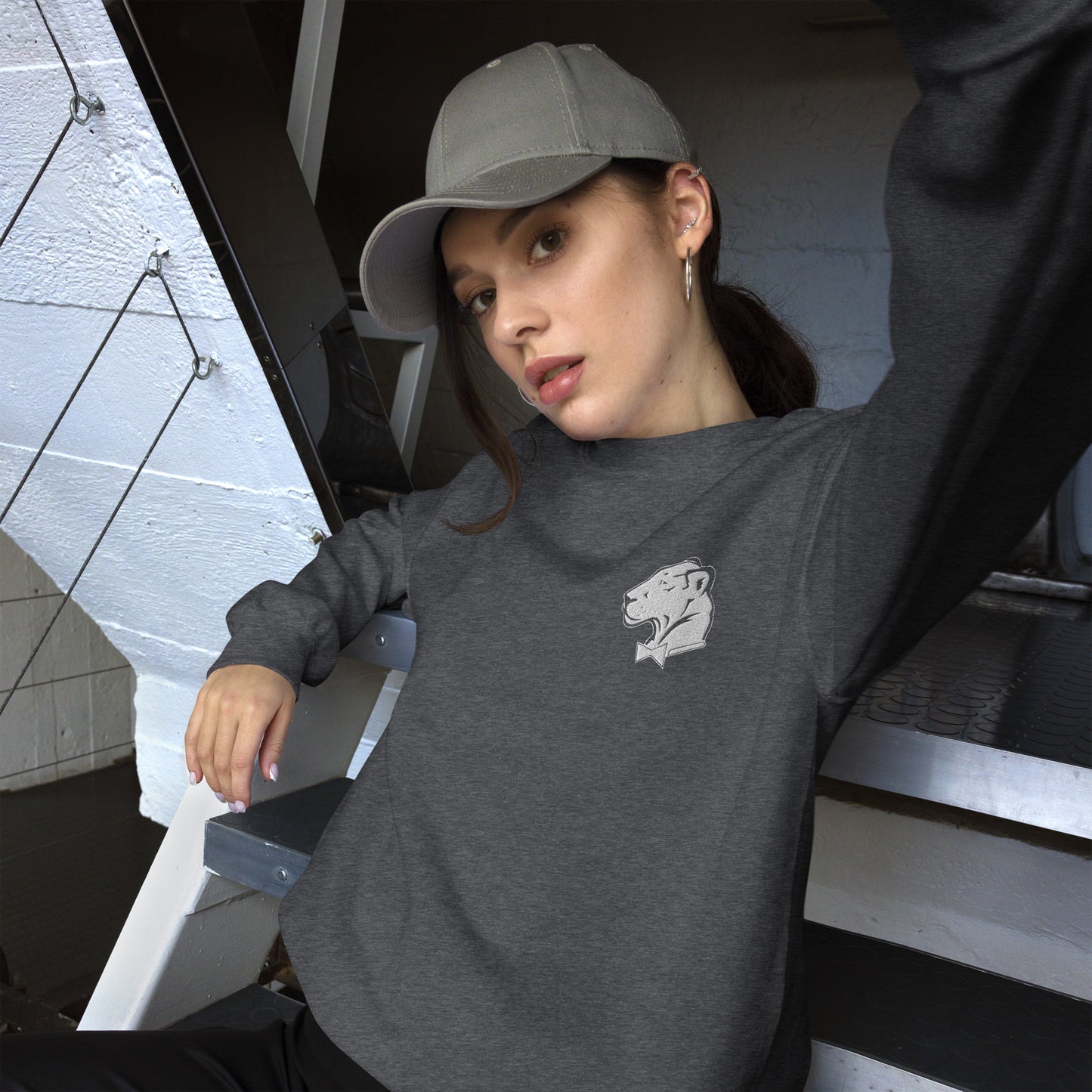 Playful Embroidered Lioness (Unisex) Sweatshirt