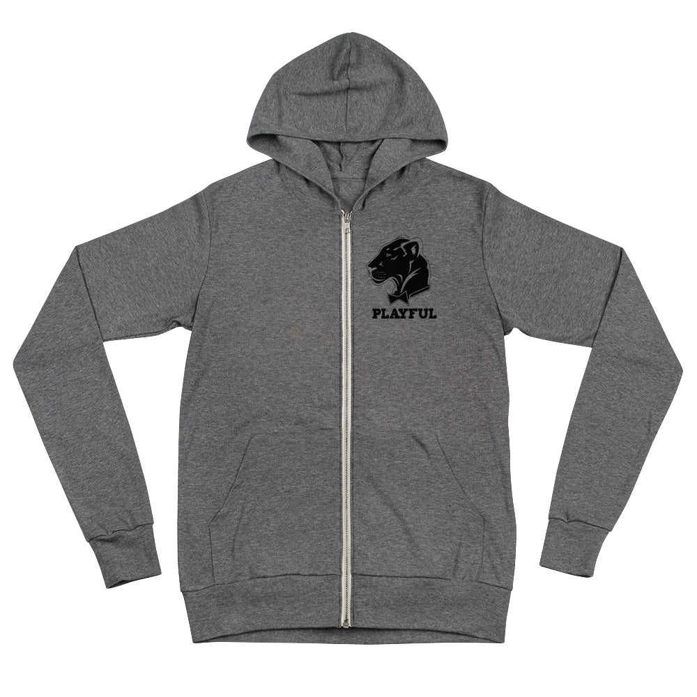Playful Lightweight Solid Black Logo (Unisex) Zip Hoodie