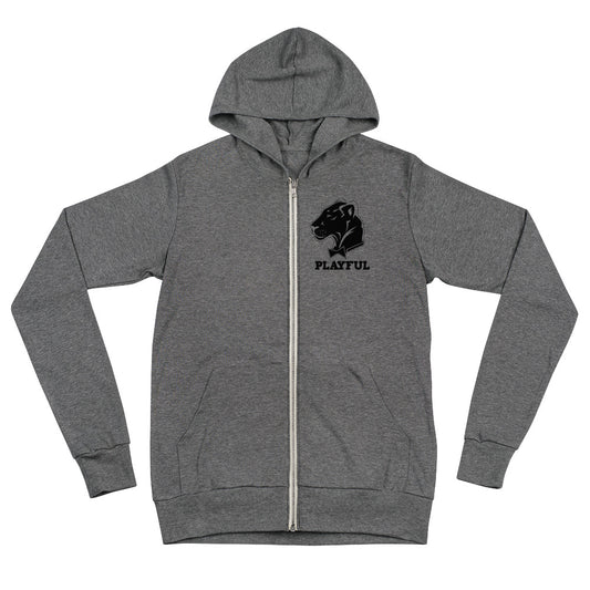 Playful Lightweight Solid Black Logo (Unisex) Zip Hoodie