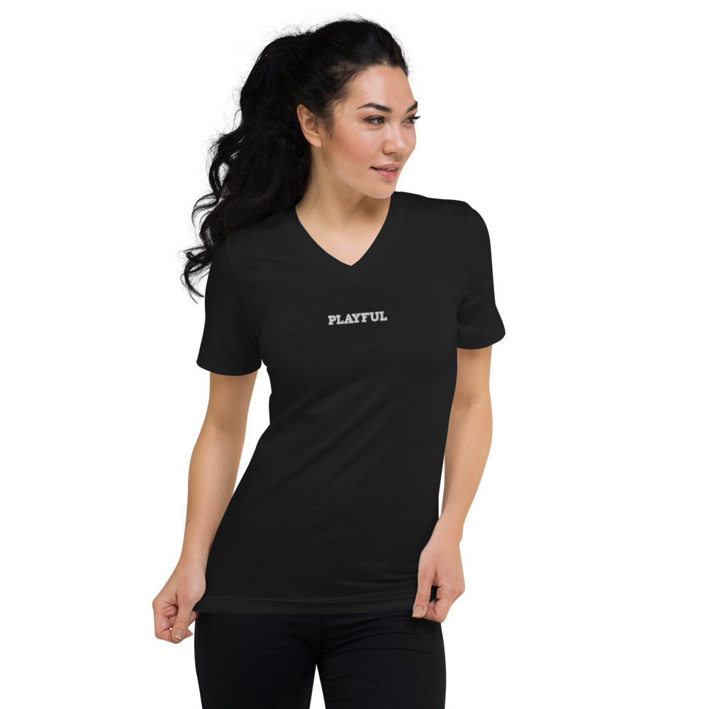 Playful Embroidered (Unisex) Short Sleeve V-Neck T-Shirt