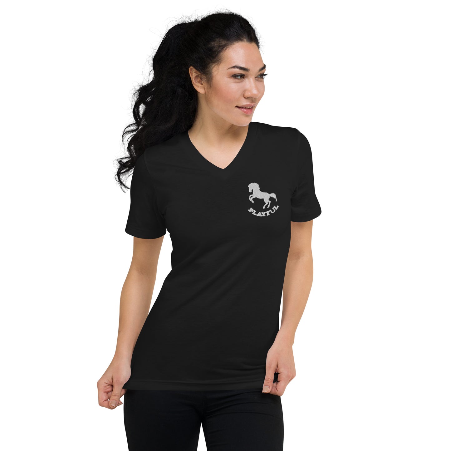 Playful Horse Embroidered (Unisex) Short Sleeve V-Neck T-Shirt