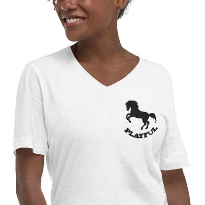 Playful Horse Embroidered - Black (Unisex) Short Sleeve V-Neck T-Shirt