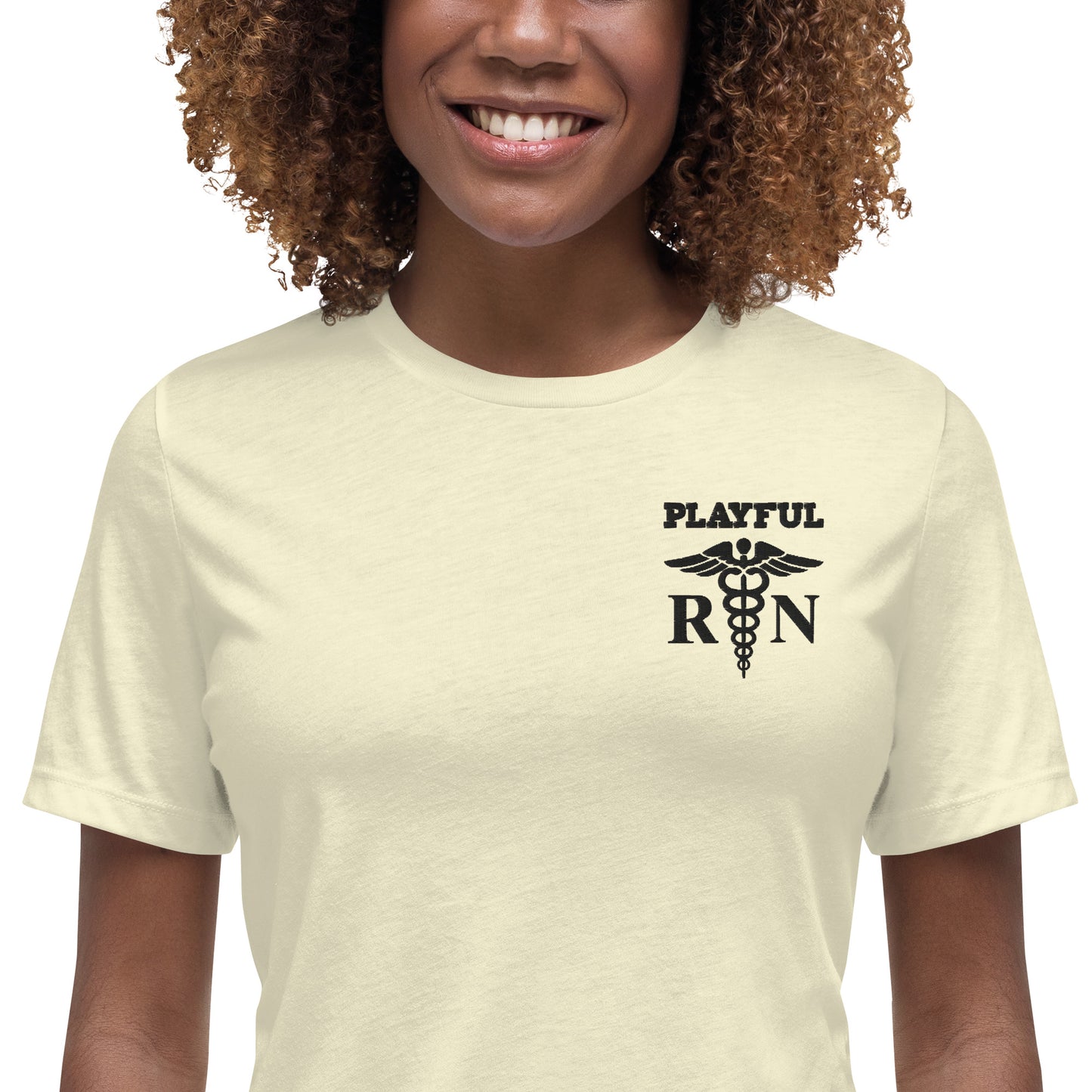 Playful Ladies Black Embroidered RN Relaxed T-Shirt