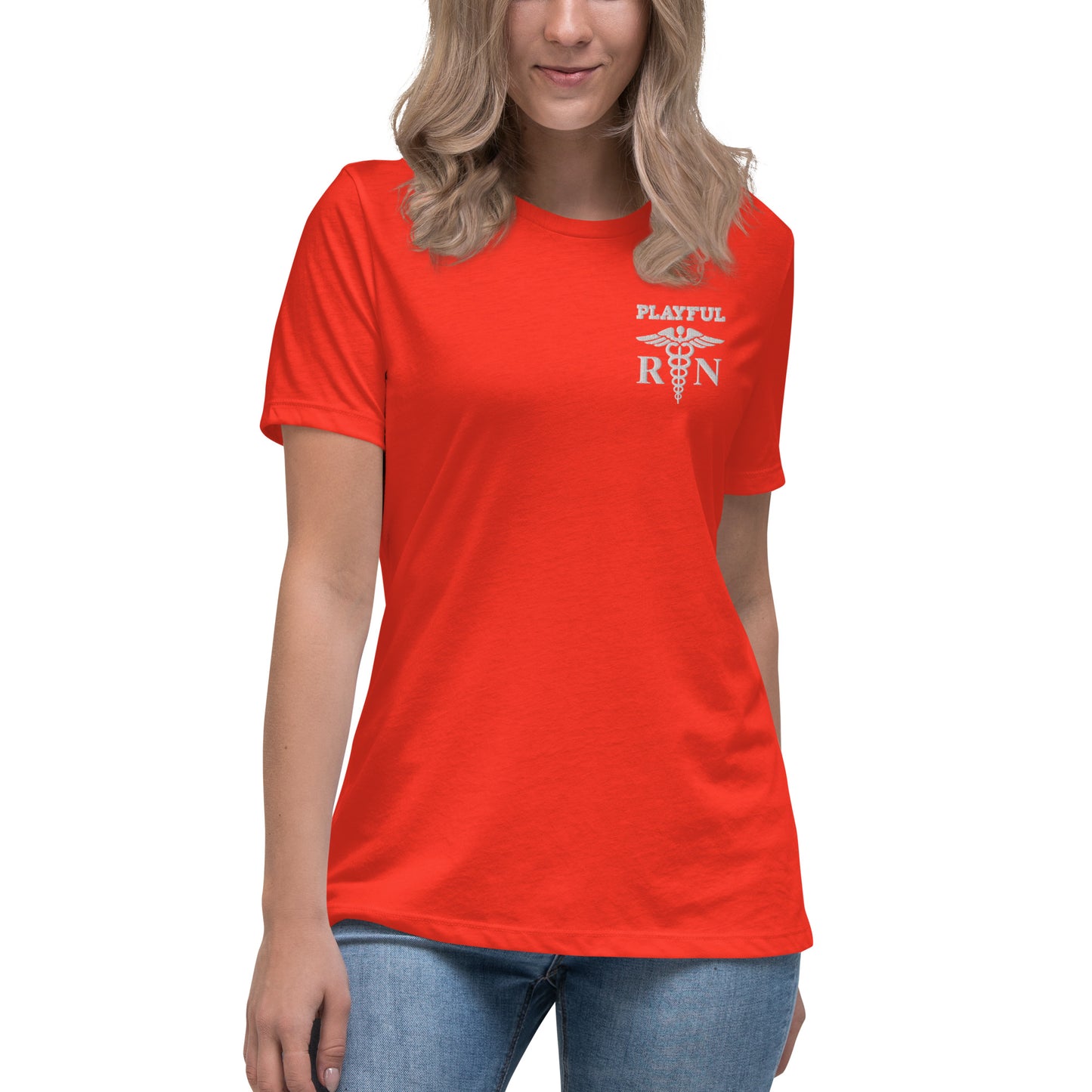 Playful Ladies White Embroidered RN Relaxed Tee
