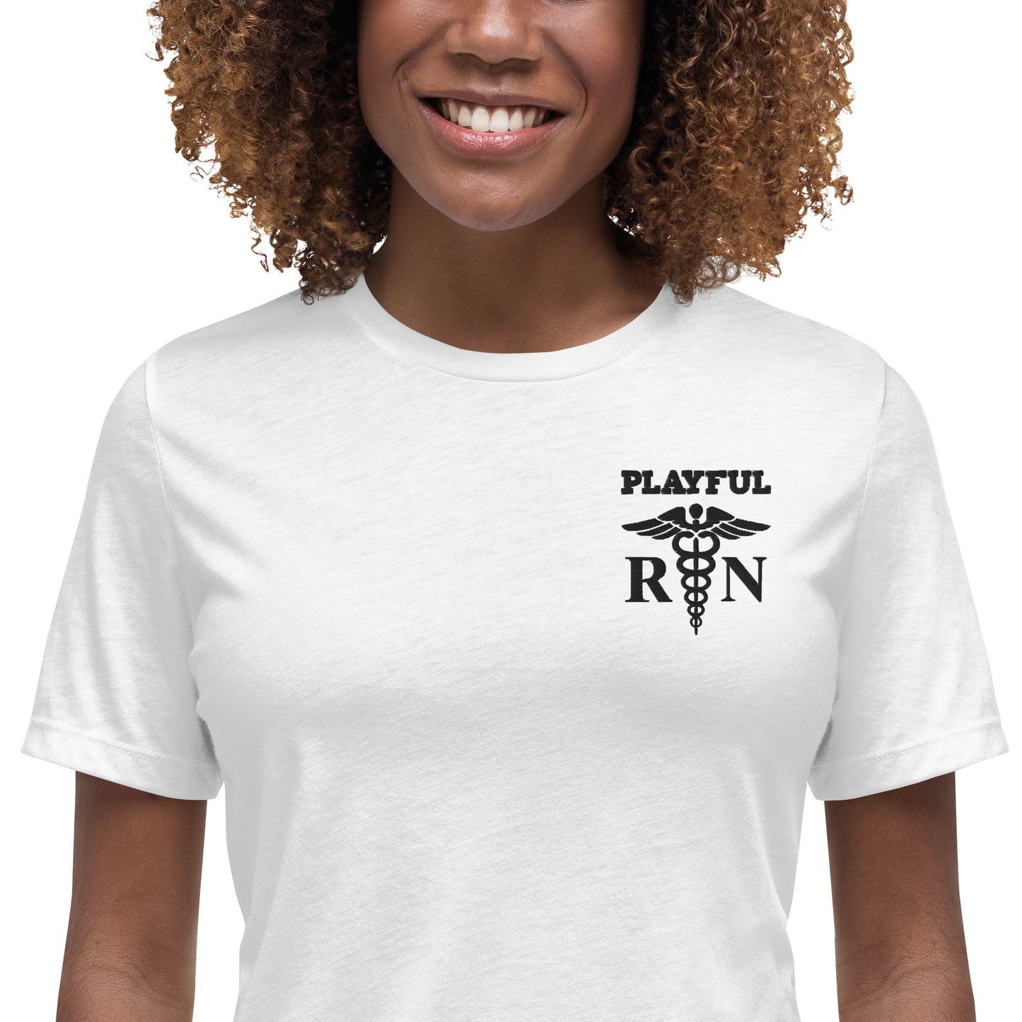 Playful Ladies Black Embroidered RN Relaxed T-Shirt